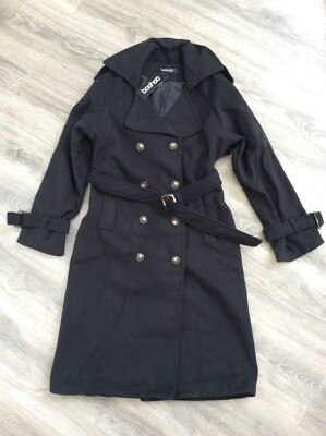 Boohoo Belted Wool Look Trench Black Size 10