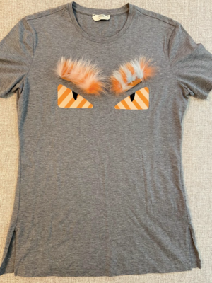 Authentic Fendi women's MONSTER EYES T-SHIRT WITH FOX FUR, GREY