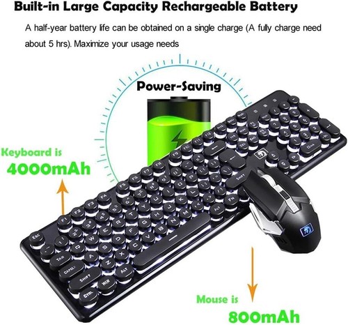 Gaming Keyboard and Mouse, 2.4G Wireless Retro Punk Typewriter-Style Backlit ... - Picture 7 of 10