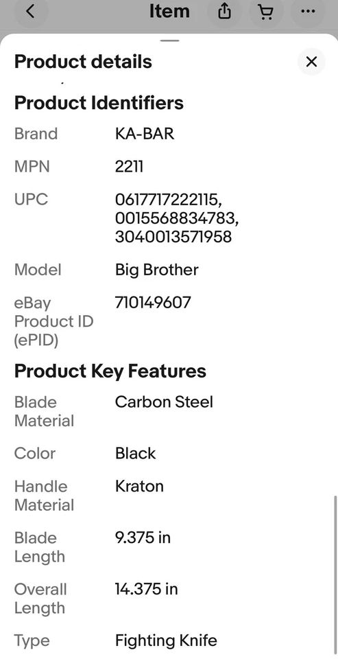 Cuchillo fijo de acero al carbono Ka-Bar 2211 Big Brother Fighting/Utility 1095 con funda Foto 4 de 4