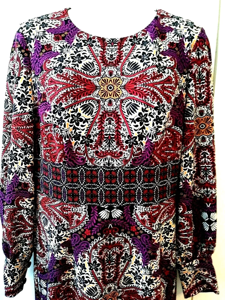 VINTAGE WOMEN'S CHICO'S FLORAL MEDALLION PRINT LONG SLEEVE MIDI DRESS 0 4 6 S - Image 2 of 4