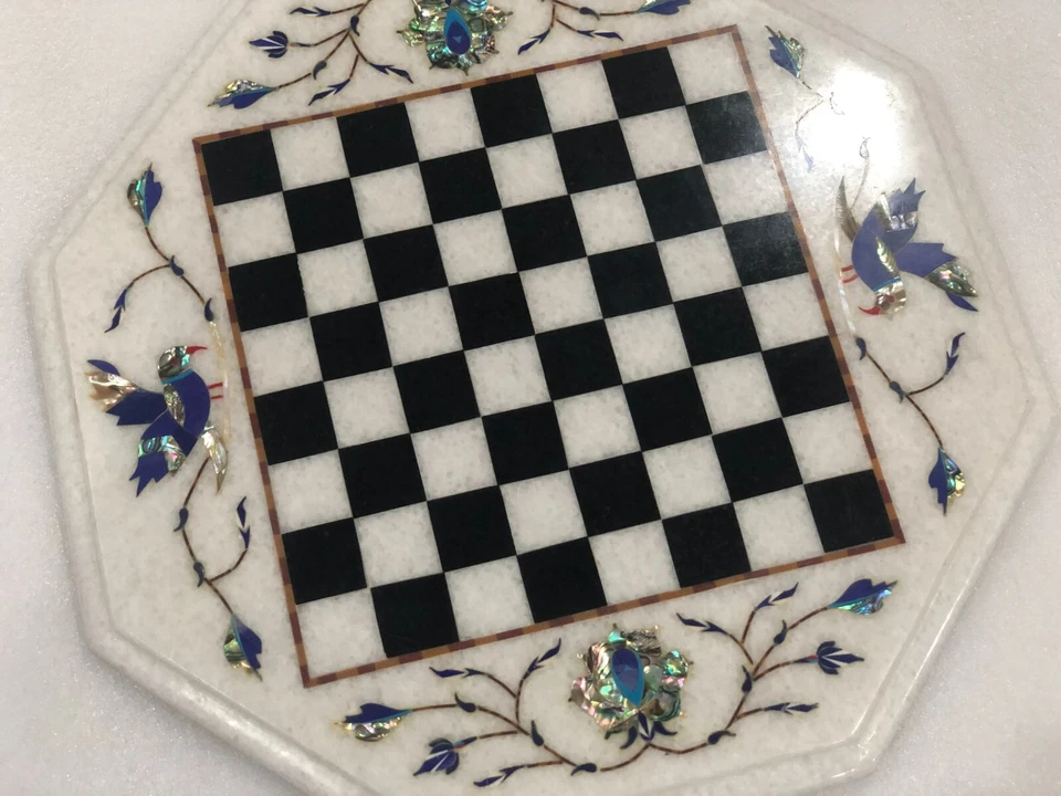 12" White Marble Chess Game Set Table Abalone Shell Birds Floral Inlay Art Decor - Image 3 of 4