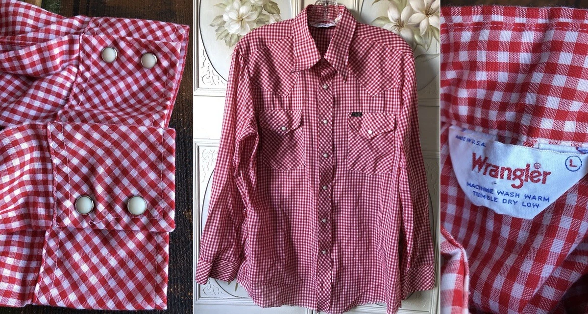 VTG 70s WRANGLER USA-MADE CHERRY RED WHITE CHECKED WESTERN SHIRT PEARL SNAP L
