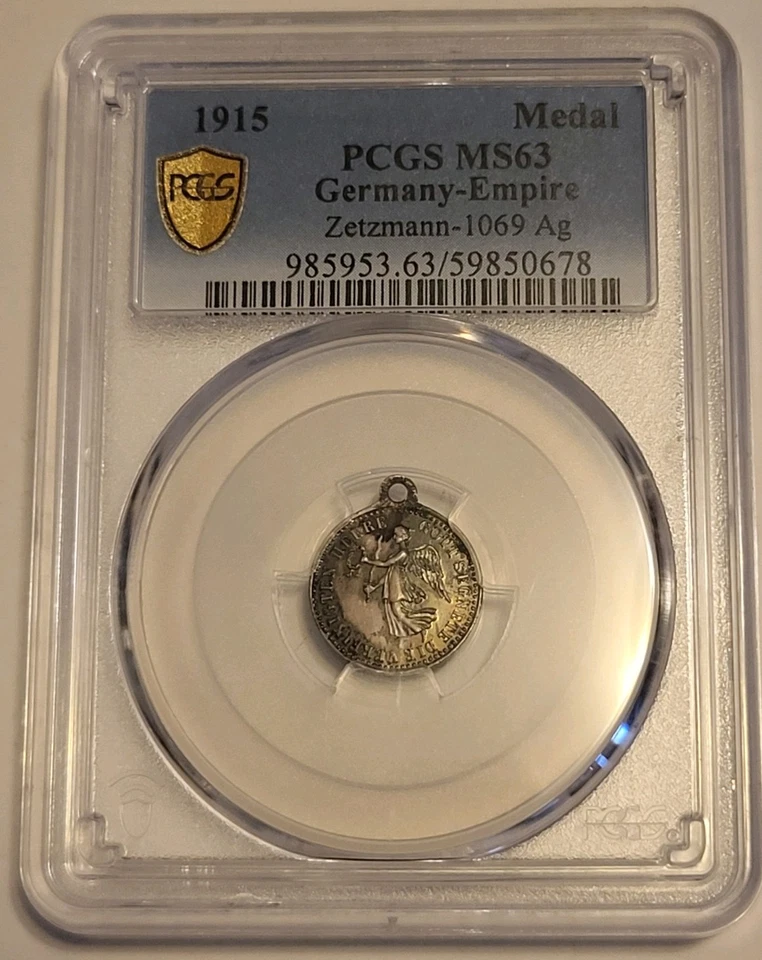 1915 Alemania-Imperio Medalla Zetzmann-1069 Ag, PCGS ESCUDO DE ORO MS63, Población 1 Foto 2 de 4