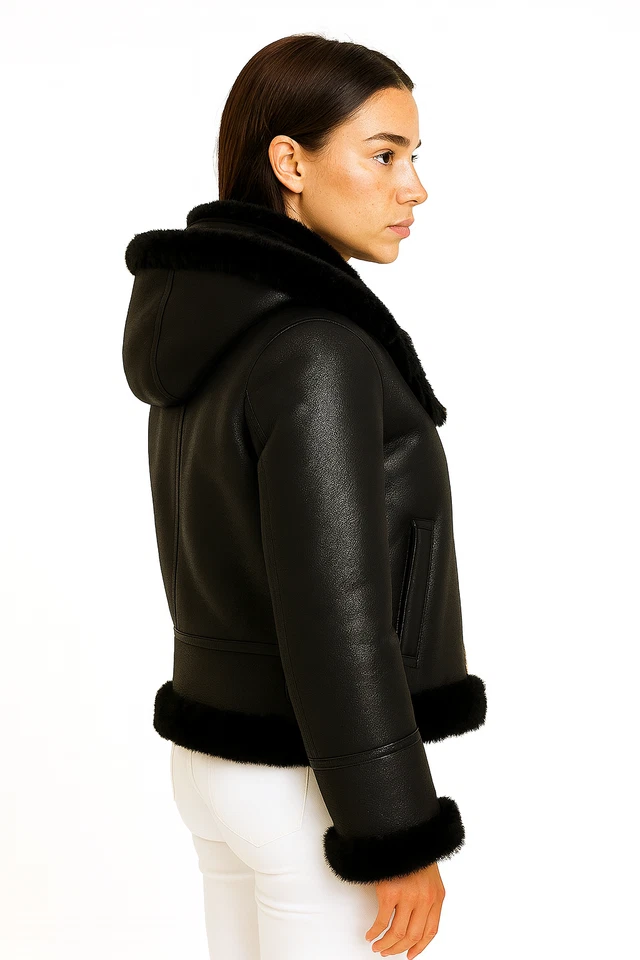 女式羊皮剪绒夹克真皮连帽外套黑色毛皮冬季 — 第 2/4 张图片
