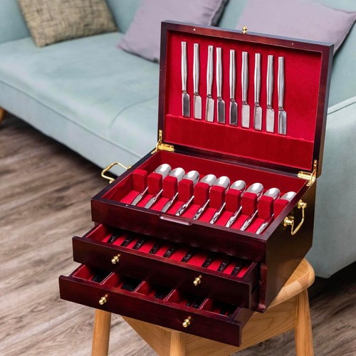 Wooden Silverware Chest without Silverware Three-layer, Silverware Box Storage - Picture 6 of 7