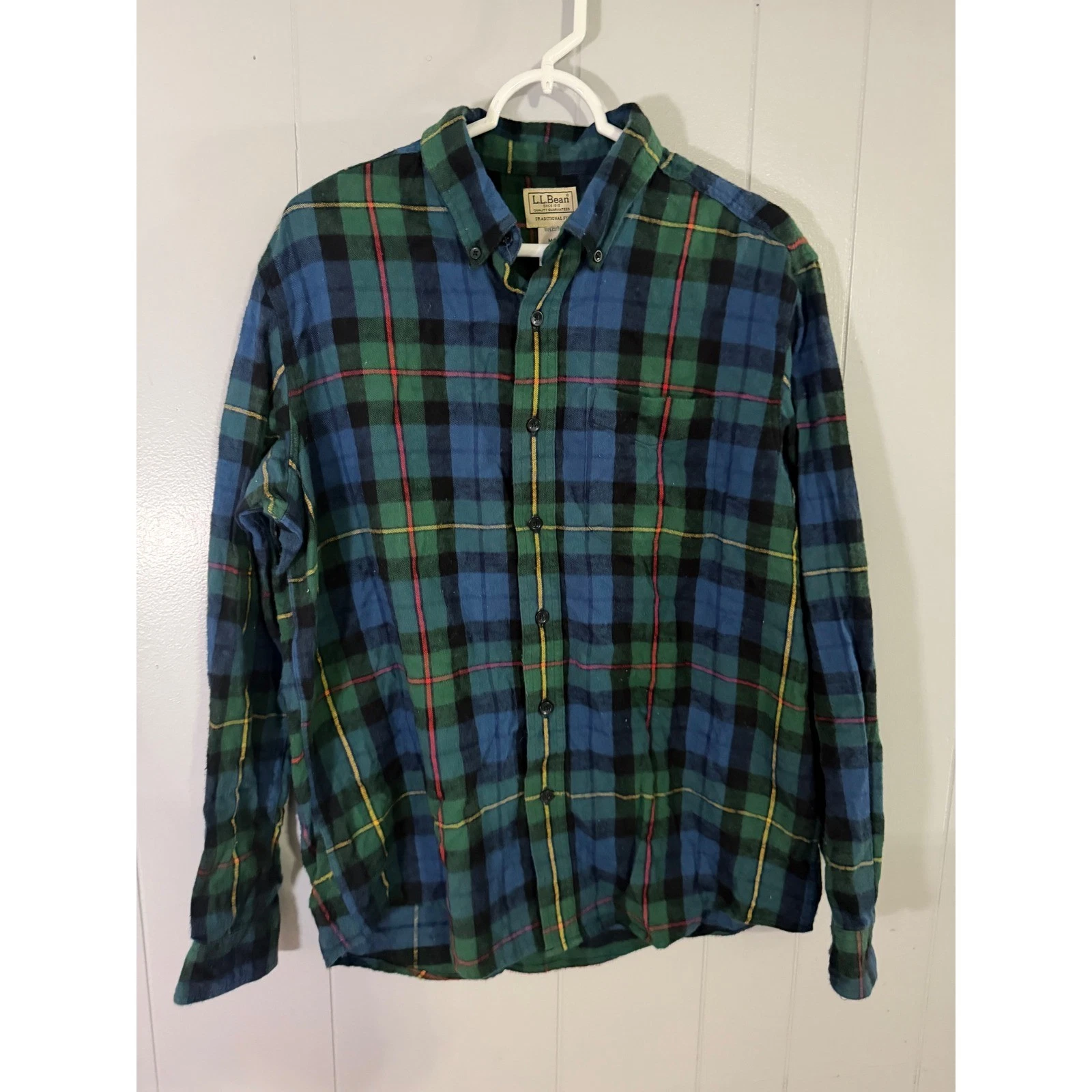 L.L. Bean Flannel Shirt Mens Medium Regular Blue Green Plaid Button Down 228061