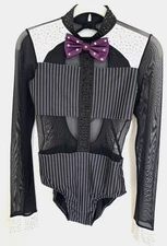 Tuxedo Style Jazz Dance Black White Pinstripe Girls Costume Bow Rhinestones