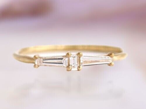 Anello Fede Nuziale Diamanti Baguette Naturali Anello Oro Massiccio 14k - Foto 2 di 4