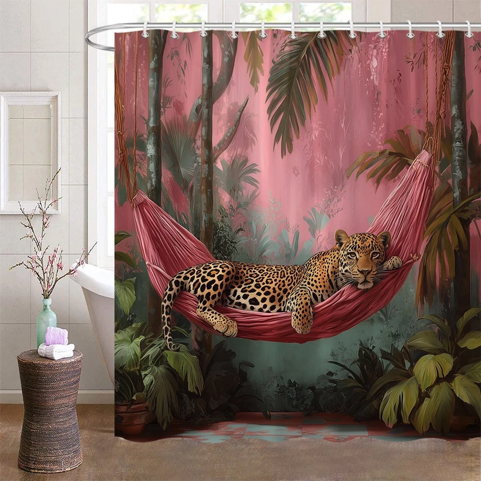 Pink Leopard Shower Curtain Set Stylish Animal Print Bathroom Decor - Image 2 of 4