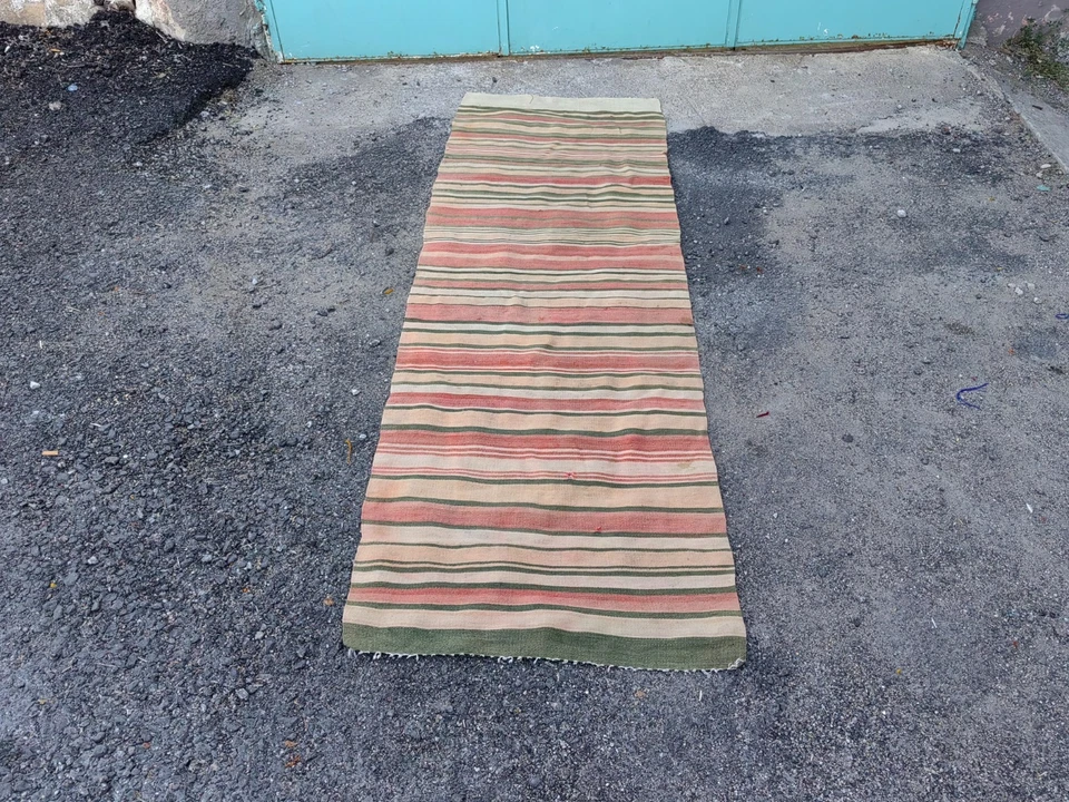 Vintage Turkish Kilim Runner 2.6x7.6 ft | Pastel Striped Hall Rug - Image 2 of 4