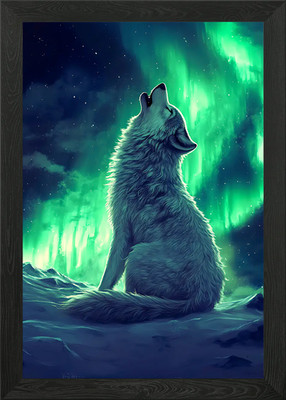 Wolf Howling at Aurora Borealis Framed Wall Art Poster Canvas Print Picture