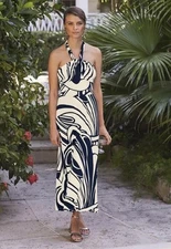 Boden Lilah Multi Way Dress Navy White Smocked Back Stretch Size 10 REG NWT