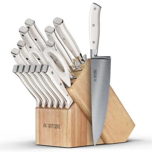 Yatoshi 15 Piece White Knife Block Set - Pro Kitchen Knife Set Ultra Sharp Hi...