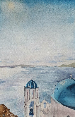 Bild-Original-Picture-Corto Maltese -  Aquarell-Meer-Sea-Santorini-17 X 25 cm 