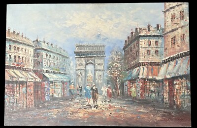 Vintage Caroline Burnett Paris Street Scene Arc de Triomphe Oil