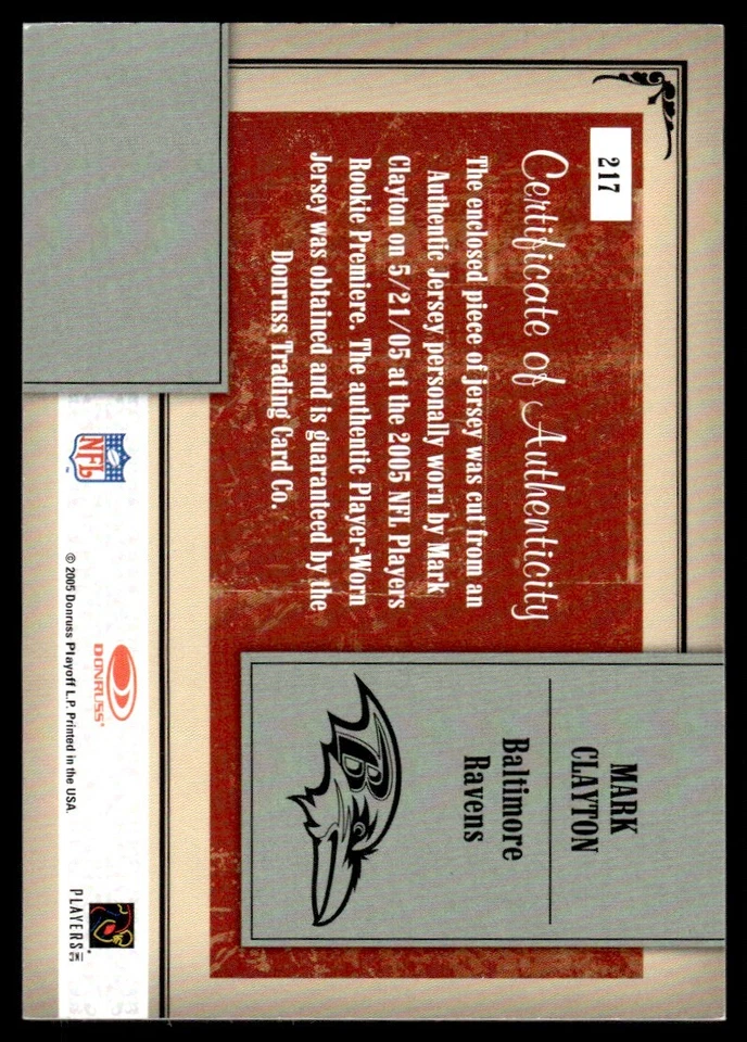 2005 Donruss Throwback Threads Mark Clayton Rookie Baltimore Ravens #217 - Image 2 of 2