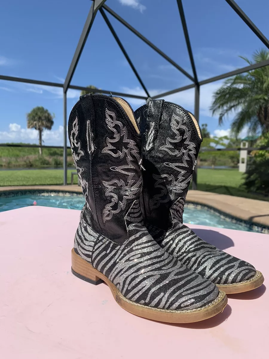 Girl s Roper Zebra Glitter Print Square Toe Western Cowgirl Boots