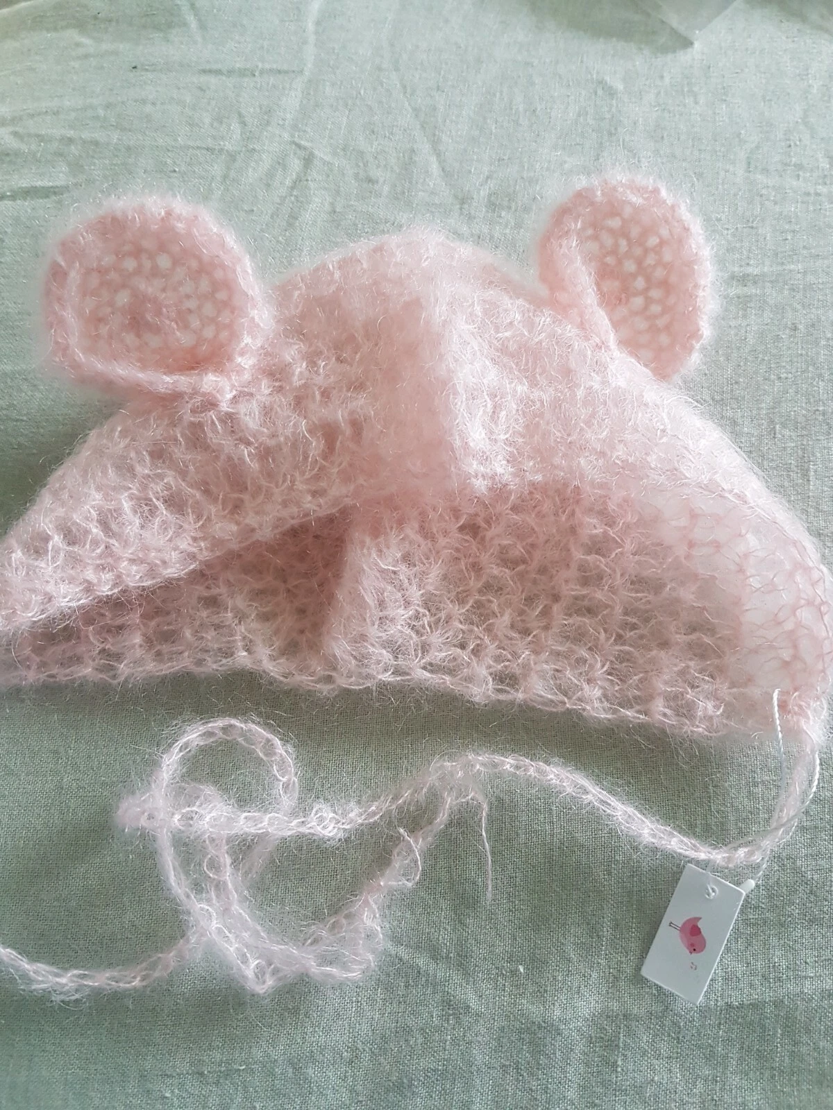 BABY'S BUNNY EARS BONNET SOFTEST WOOL FAIRYFLOSS GREY KNITTED - NEW BORN- ONE SZ