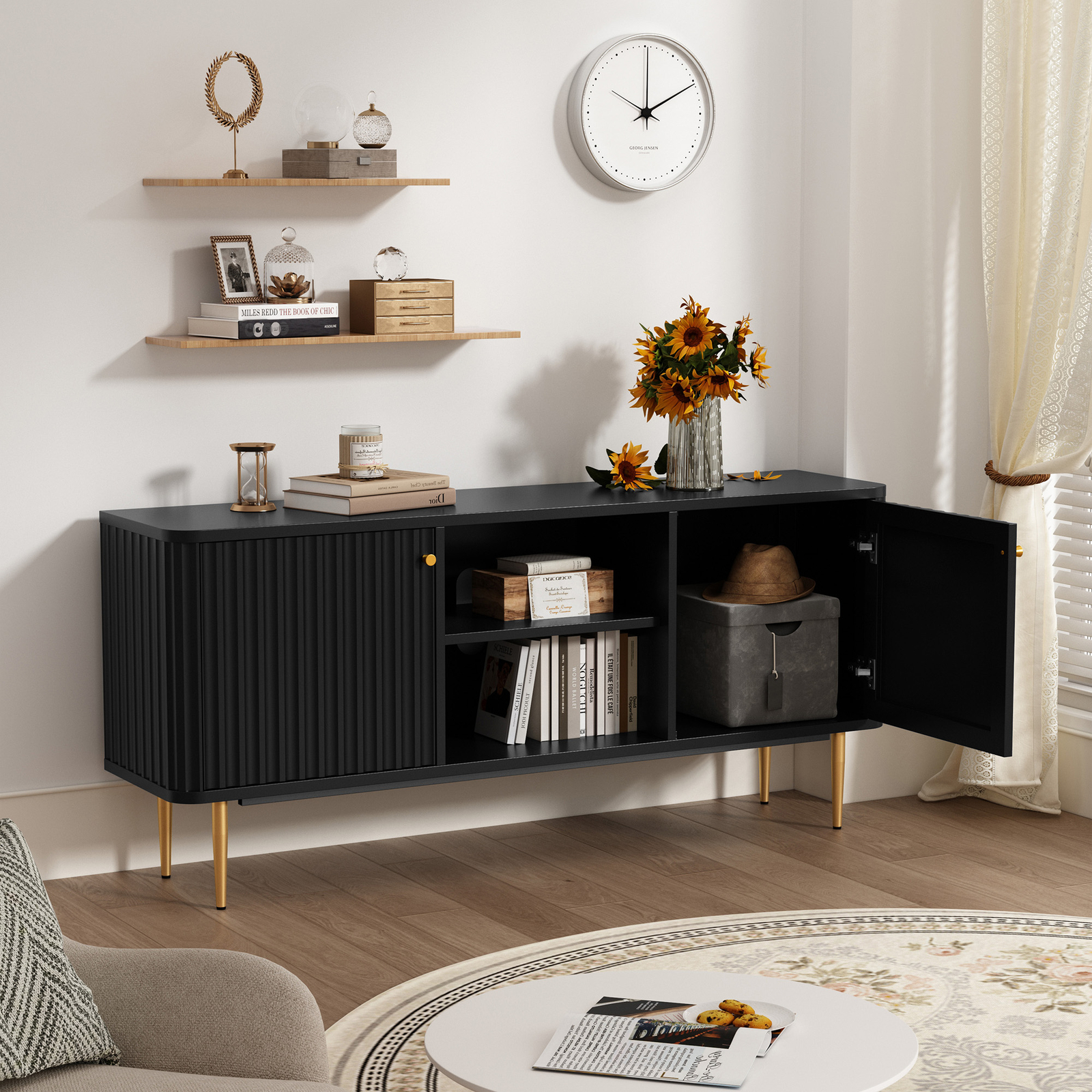 TV Stand With Storage Modern Entertainment Center With Fluted Textured For 65"TV