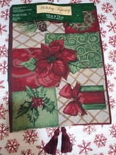New Holiday Tapestry Christmas Table Runner Poinsettias Holly Berries 72" x 13"