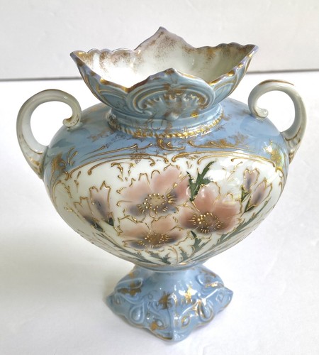 Vintage RS Prussia RVG76 Mold Gilded Pink Floral Art Nouveau Pedestal Vase Blue - Picture 2 of 23