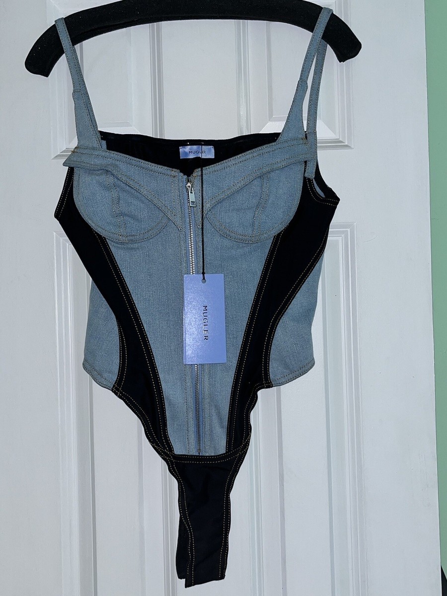 NWT $1200 MUGLER Stretch Denim & Jersey Corset Bodysuit - Sz