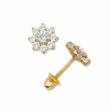 Solid 14K Yellow Gold Flower CZ Birthstone Screw Back Earrings All Colors Gift