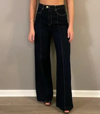 Rachel Zoe Dark Blue High Rise Front Contrast Stitch Seams Wide Leg Denim Jeans