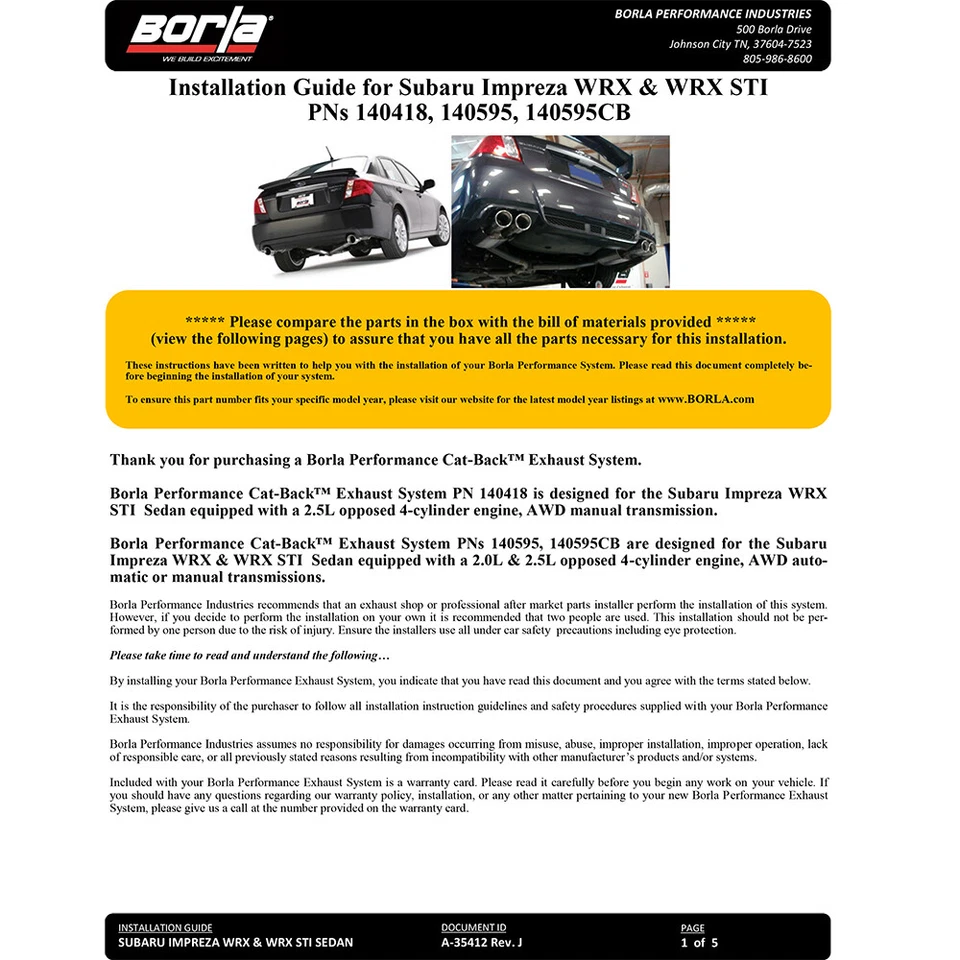 Escape trasero Borla 140595 tipo S Cat para Subaru Impreza WRX STi 2015-21 2,0 L 2,5 Foto 4 de 4