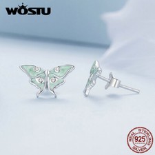 Wostu 925 Sterling Silver Green Enamel Butterfly Studs Earrings Spring Jewelry