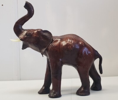 Vintage Leather Wrapped Elephant Statue Trunk Up Brown Safari Zoo Decor Figure