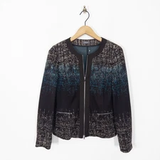 Basler Brown Patterned Full Zip Jacket Size 12 Teal Blue Collarless Knit