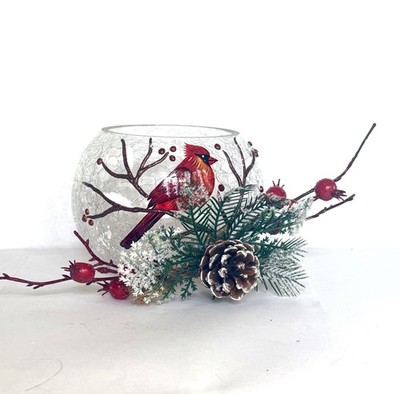 Cardinal Crackled Glass Bowl Candle Holder Christmas Holiday Ice Home Essentials