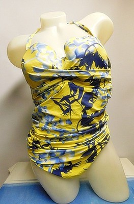 Debenhams Neckholder Bügel Badeanzug Gr. 40 Cup 80DD Gelb Blau Komplett Gefütter