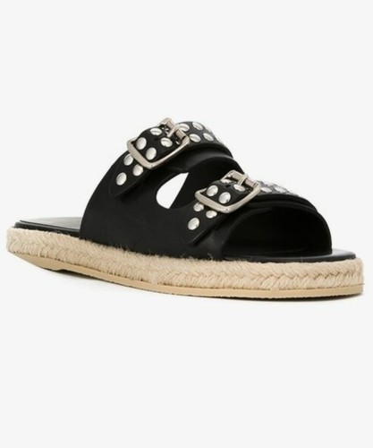 Size 885  SAINT LAURENT Black Leather Studded Espadrille Slide G2U