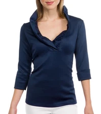 GRETCHEN SCOTT Navy Blue Jersey RUFFNECK TOP Ruffle Neck Blouse ADORABLE! sz XS