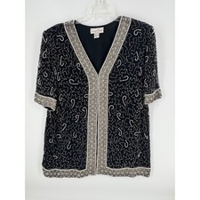 Laurence Kazar New York Black Beaded Silk Jacket Open Front Occasion 1X