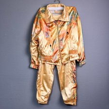Petite Sophisticate Vtg Satin 2 PC Tracksuit Set Abstract Print Gold Petite P