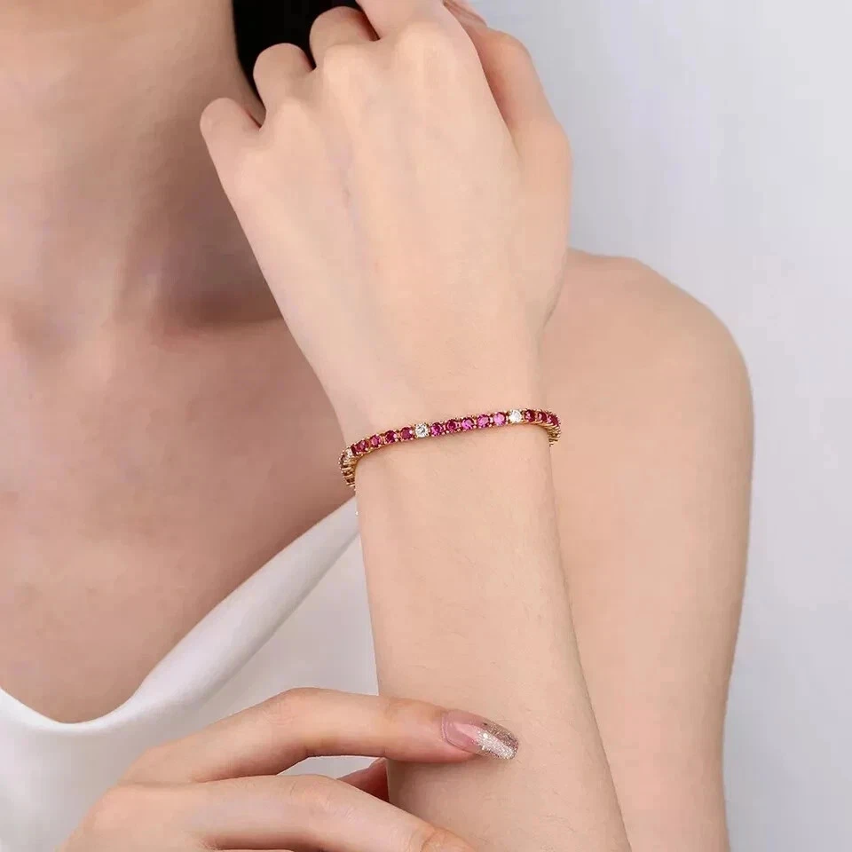9CT Round Cut Lab Created Pink Ruby Tennis Bracelet 14K Yellow Gold Plated 7.5" - Image 2 of 4