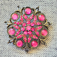 VINTAGE BROOCH PIN STARBURST SNOWFLAKE SHAPED METAL w/ FUCHSIA PINK RHINESTONES