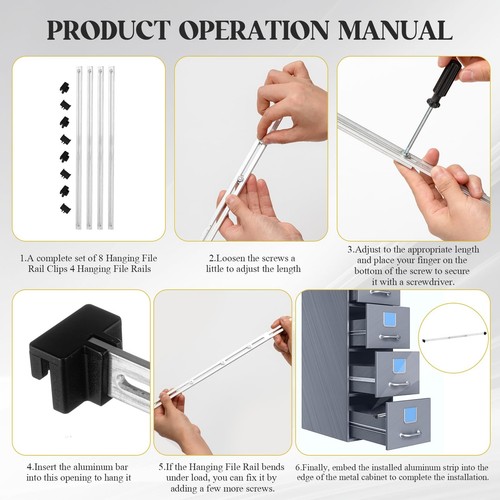 12 Pcs Metal Adjustable File Cabinet Rails Set Include 8 Hanging File Rail Cl... - Picture 3 of 7