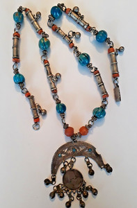 Antique Ethnic Handmade Egyptian Vintage Amulet Bedouin Silver Coral Necklace