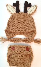 CROCHET REIN DEER BABY HAT DIAPER SET infant toddler child beanie photo prop USA