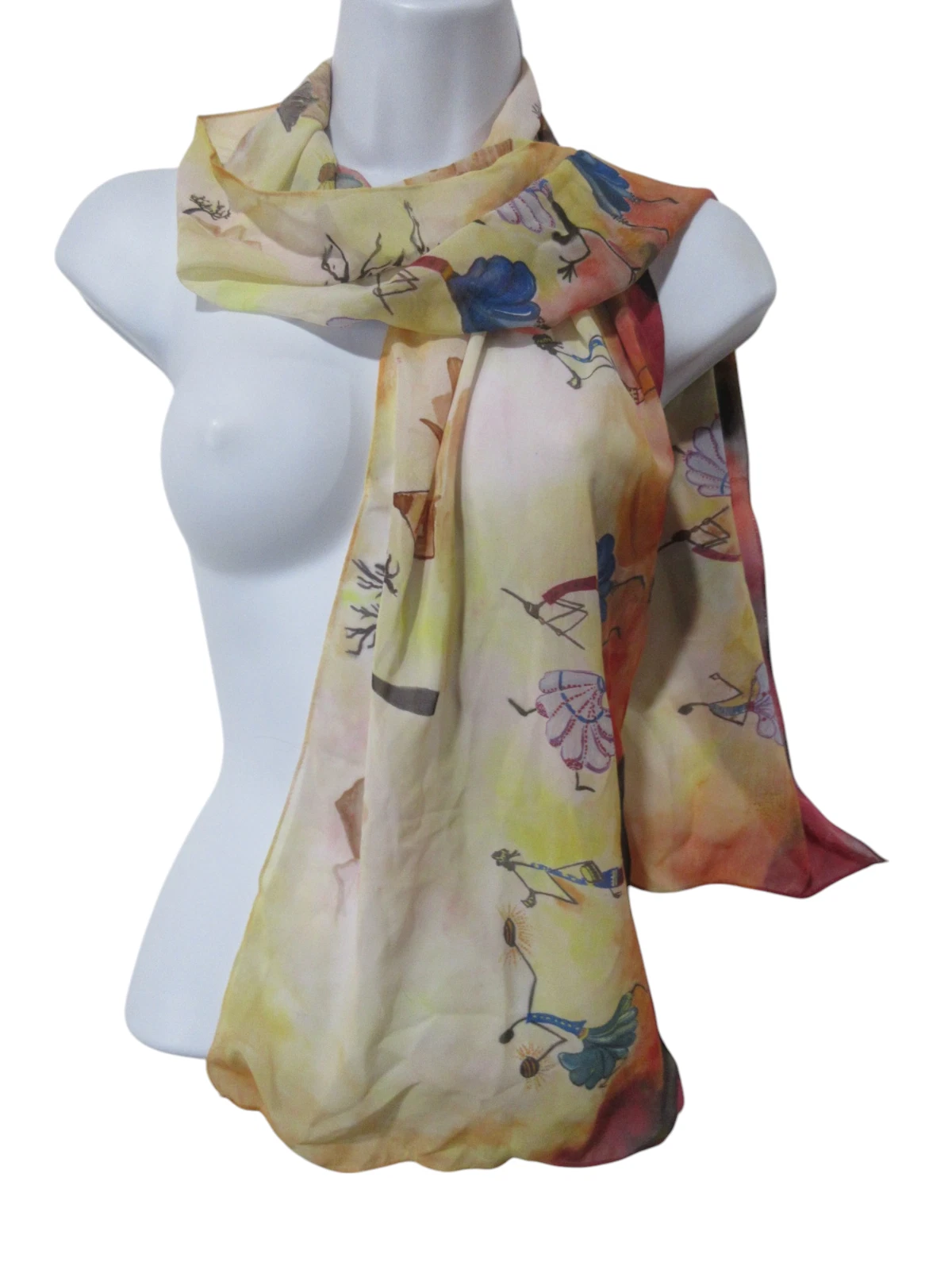 NEW 62"x12" Batik Silk Scarf AFRICAN MOTIF Yellow Orange HAND PAINTED Wrap Art