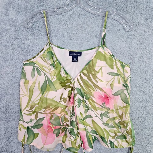 Camiseta sin mangas Ann Taylor para mujer de seda 4 rosa corta romántica floral cuello en V lazo cintura - Imagen 6 de 22
