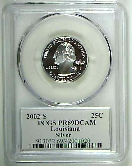 2002-S 25C State Quarter Louisiana PCGS PR69 DCAM 90% Silver 22lthr0116 - Image 2 of 2