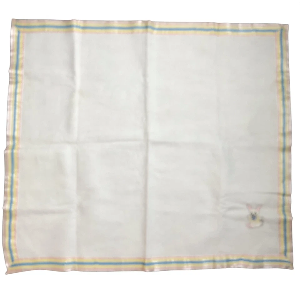 Vintage Baby Blanket White Acrylic Pink Blue Yellow ￼Satin Binding Bunny Unisex - Image 4 of 4