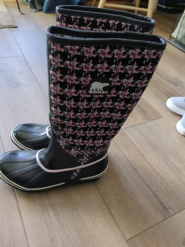 Sorel Sz 9 Women's Tall Rain Boot Black Pink & White Houndstooth Pattern EUC
