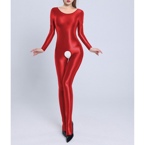 Womens Glossy Long Sleeve Full Body Jumpsuit Crotchless Catsuit Stretchy Cutout - Bild 56 von 93